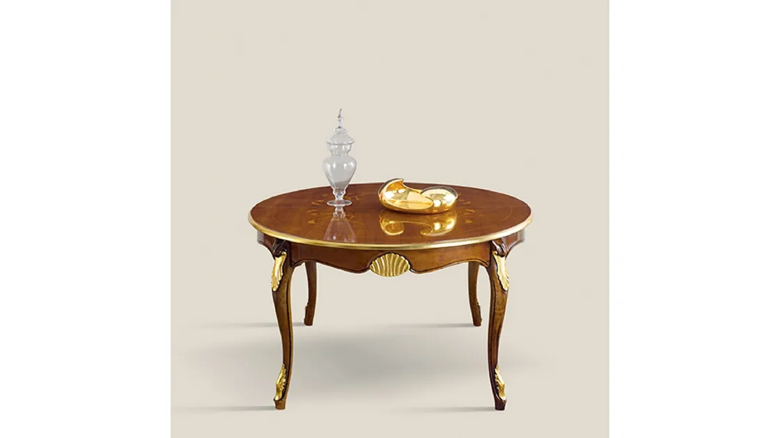Tavolino rotondo in legno intarsiato in foglia oro Passioni 5488 EM27 di Tarocco Vaccari