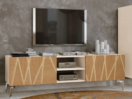Mobile Porta Tv Domino Losanghe in legno di rovere e piedini in acciaio di Betamobili