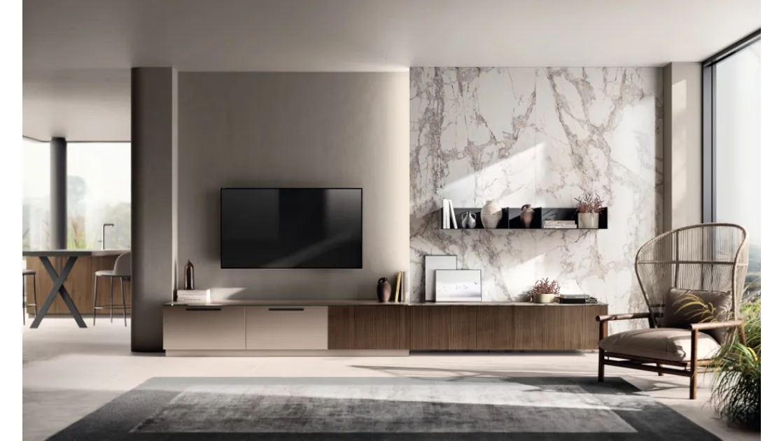 Parete Attrezzata Living Musa 01 in Rovere Pecan e laccato opaco di Scavolini