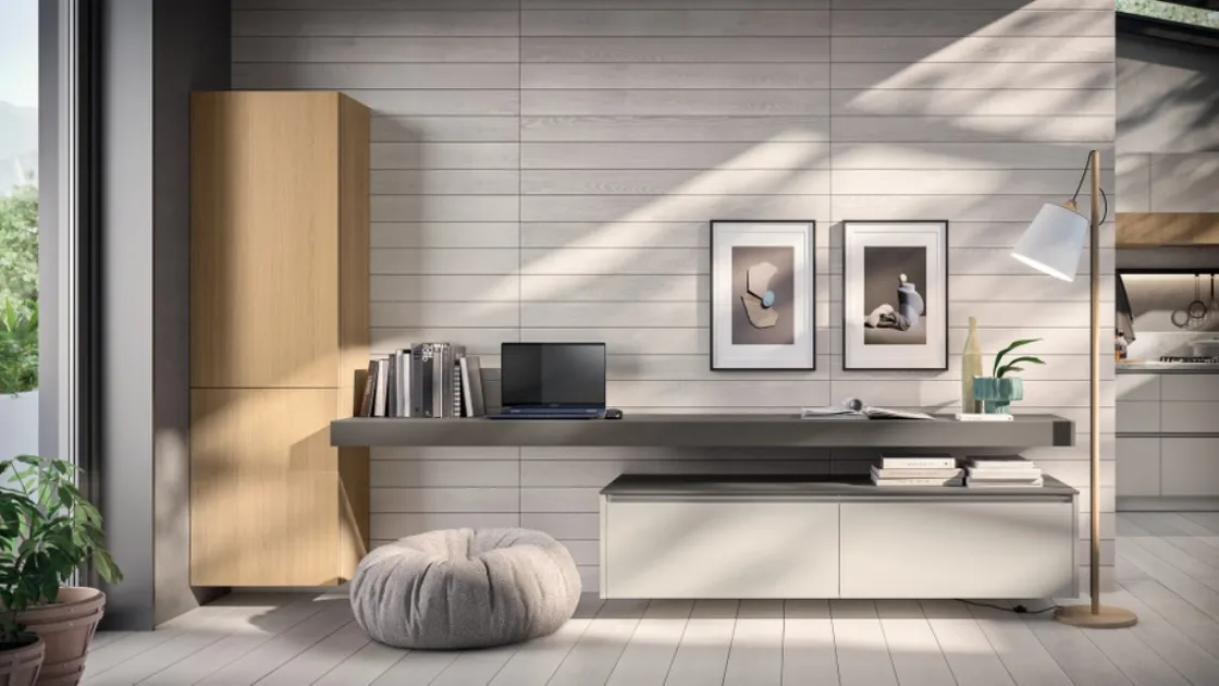 Parete Attrezzata Living Lumina 01 in decorativo Home Matter e Rovere Gold e laminato Grigio Londra di Scavolini