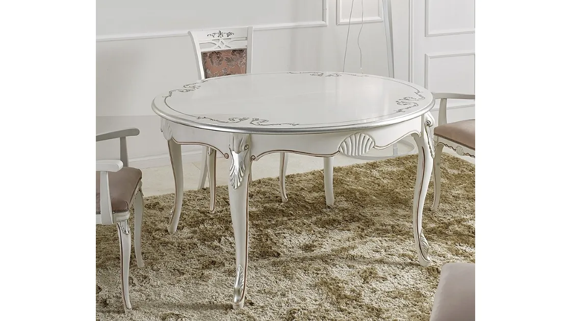 Tavolo rotondo in laccato bianco con intarsi in foglia argento Duchessa 5488 B di Tarocco Vaccari