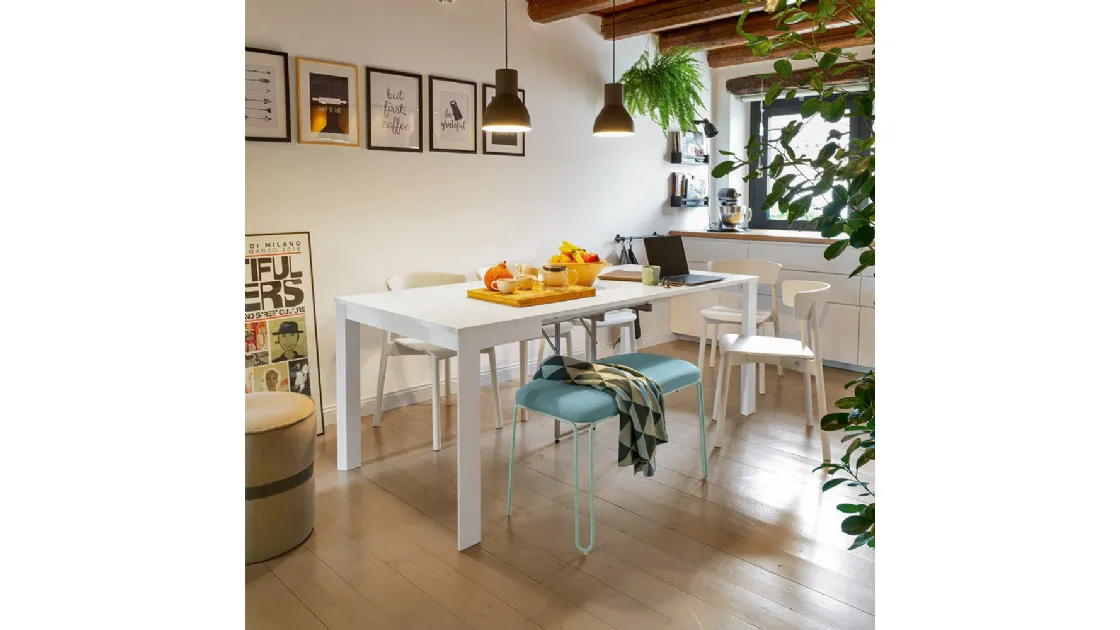 Consolle aperta Eminence allungabile con piano in nobilitato bianco e base in faggio bianco Eminence di Connubia