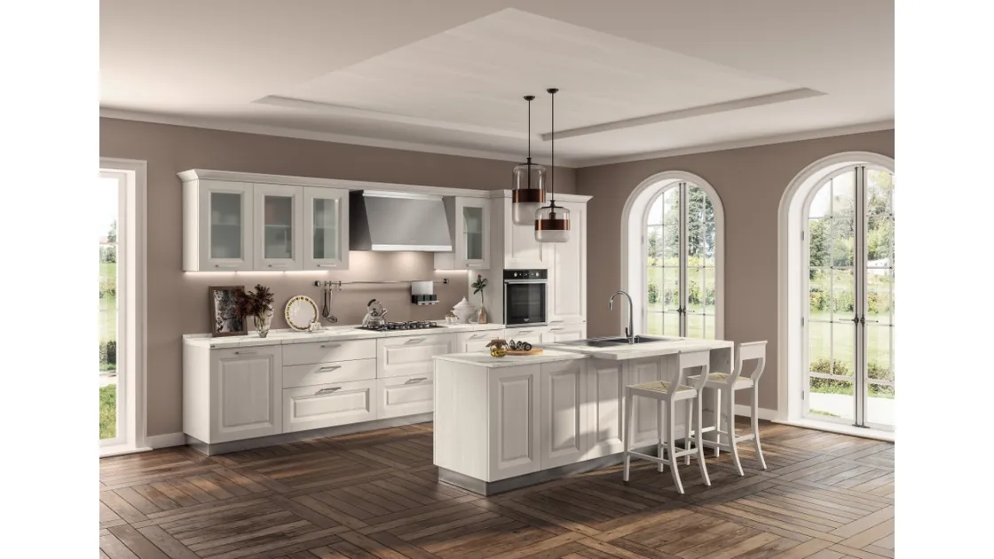 Cucina Classica con isola Family 03 in decorativo Larice Neve con isola di Scavolini
