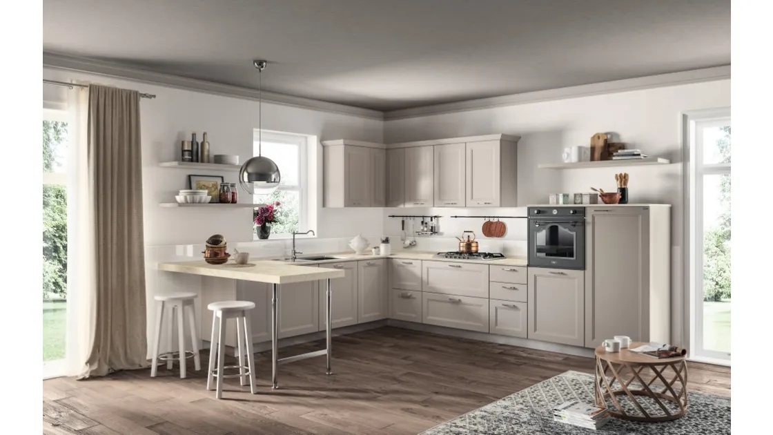 Cucina Moderna angolare con penisola Colony 02 in laccato opaco Sabbia di Scavolini