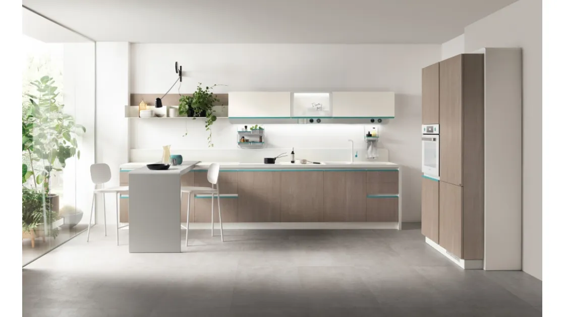 Cucina Moderna Dandy Plus 06 Rovere Gessato con maniglia Blu Agave di Scavolini