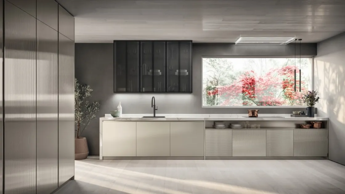 Cucina Moderna lineare Libra 03 in vetro opaco rigato e liscio Perlage di Scavolini