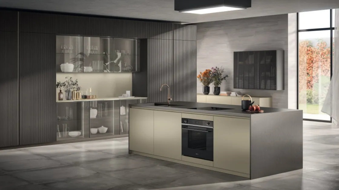Cucina Moderna Libra 02 in laccato lucido Perlage e Rovere Pepper di Scavolini
