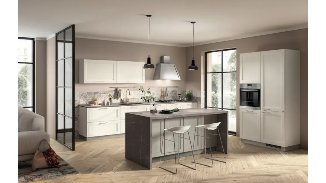 Cucina moderna con isola Colony 01 in laccato Bianco opaco di Scavolini