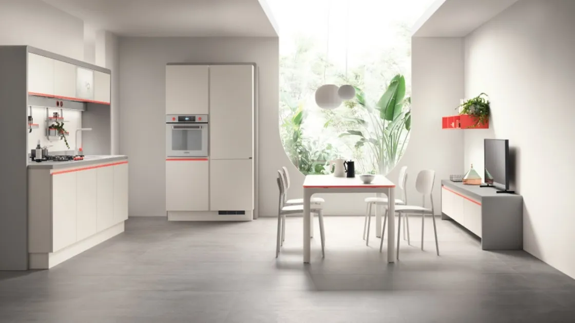 Cucina Moderna Dandy Plus 01 Bianco con maniglia Rosso Corallo di Scavolini