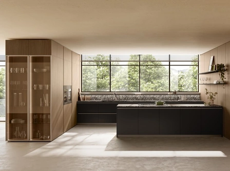 Cucina Moderna con penisola Stilo 02 in decorativo Ink Black e Quercia Toffee di Scavolini