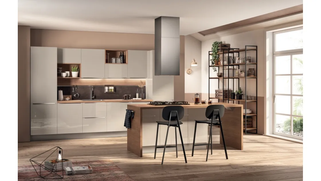 Cucina Moderna con isola Urban & Urban 01 in laccato lucido Sabbia con top in laminato Rovere Land di Scavolini