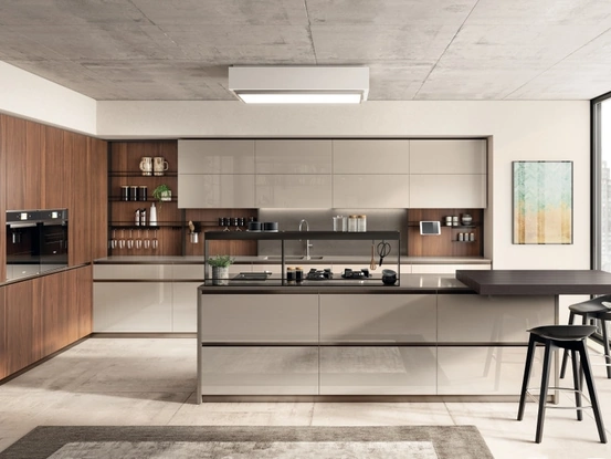Cucina su misura con isola Boxi 02 Visone e Noce Sunset di Scavolini