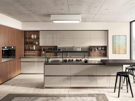 Cucina su misura con isola Boxi 02 Visone e Noce Sunset di Scavolini