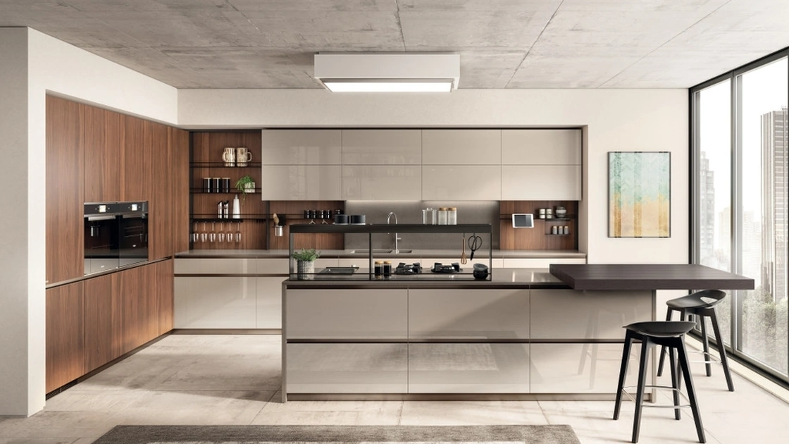 Cucina su misura con isola Boxi 02 Visone e Noce Sunset di Scavolini