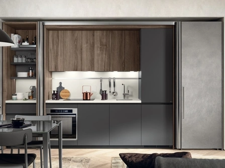 Cucina su misura Boxi 03 in Grigio Ferro opaco e Noce Garden di Scavolini