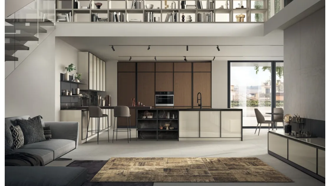 Cucina su misura Jeometrica 01 in vetro lucido Tortora e Rovere di Scavolini