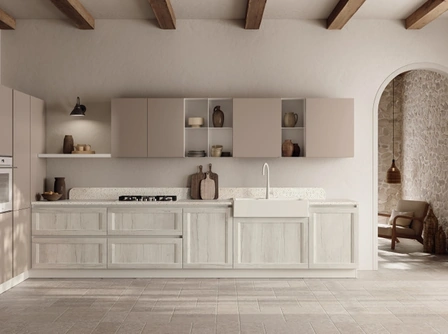 Cucina su misura ad angolo Regola 06 in decorativo Rovere e Pet Limo di Scavolini
