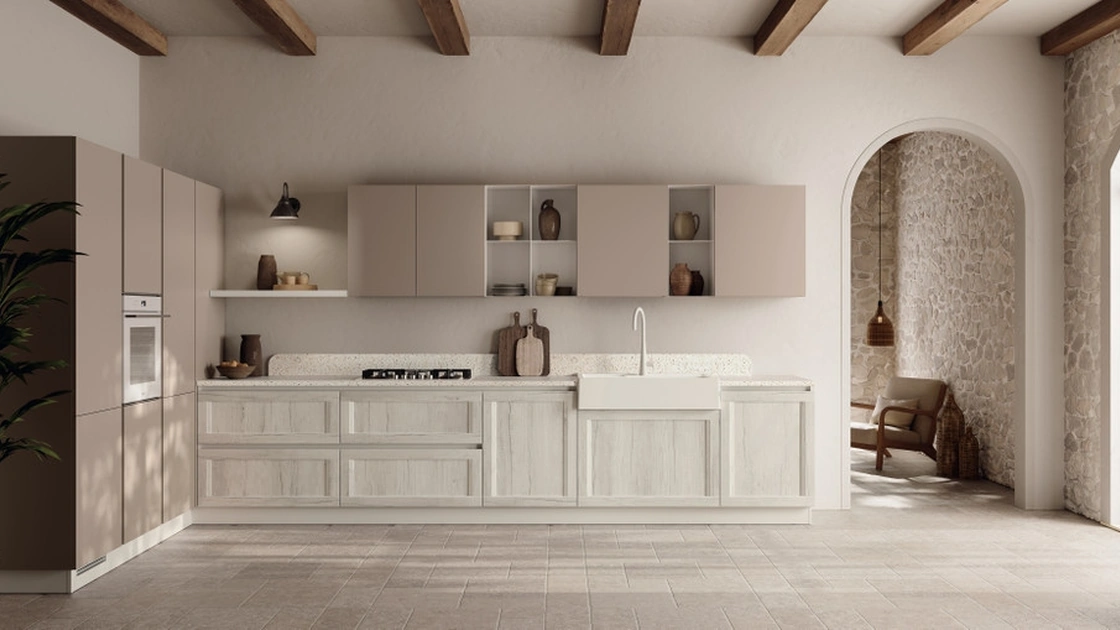 Cucina su misura ad angolo Regola 06 in decorativo Rovere e Pet Limo di Scavolini